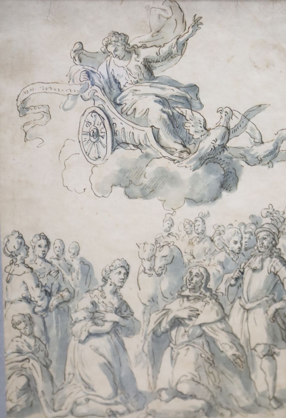 Old Master, ink and wash, Figures kneeling beneath a flying chariot, 31 x 20cm